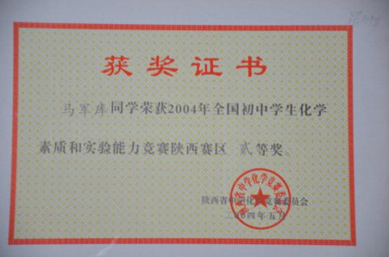 全国初中学生化学素质和实验能力竞赛陕西赛区二等奖